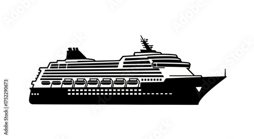 A simple black and white graphic illustration of a large ocean liner cruise ship in side profile.