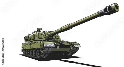 Powerful Modern Military Tank with Long Barrel Cannon and Tracks.