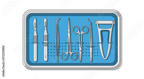 Surgical Instruments Arranged in a Blue Tray for Medical Procedures.