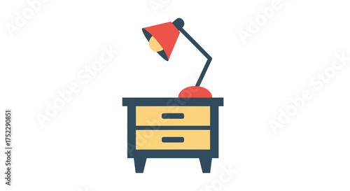 A flat vector illustration of a modern nightstand with a red adjustable reading lamp.