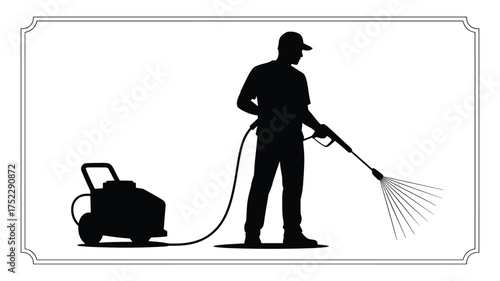 Silhouette of a man pressure washing with a machine and hose inside a decorative frame Keywords: pressure washing, power washing, cleaning, man, silhouette, hose, spray, water jet, machine