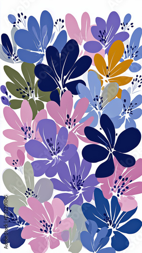 Matisse Inspired Abstract Floral Linocut Print with Pastel Purple Sage Navy Blue Flowers and Leaves Vector Illustration on White Background Modern Minimalist Botanical Art Poster Design