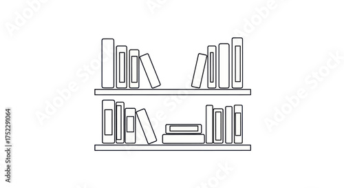 Two shelves filled with a variety of books depicted in a simple line drawing style.