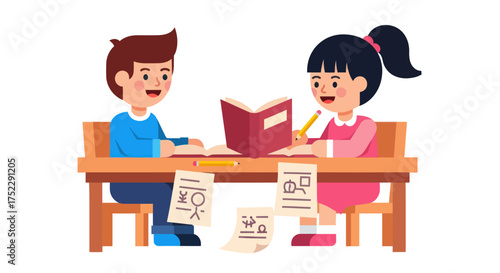Two young students diligently studying together at a wooden desk.