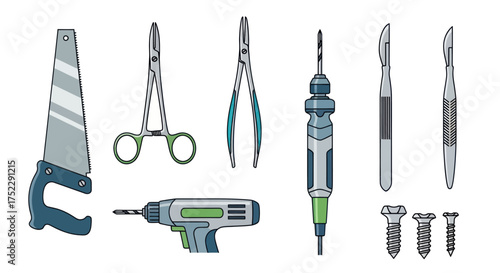 Assorted Surgical and Construction Tools Illustration on White Background.