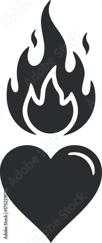 A stylized heart symbol with flames representing love and passion in a modern design.