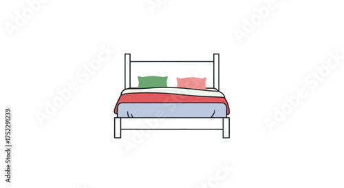 A simple line art illustration of a double bed with colorful red and blue bedding and two pillows.