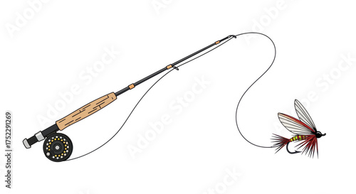 Detailed Fly Fishing Rod with Reel and Artificial Fly.
