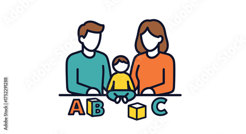 Stylized illustration of a family with a child and alphabet blocks.