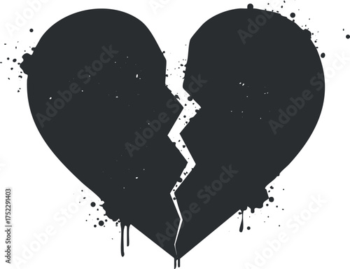 A black broken heart symbol with splatter effects illustrating themes of heartbreak and sadness.