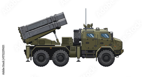 Armored Military Truck with Multiple Rocket Launcher System in Camouflage.