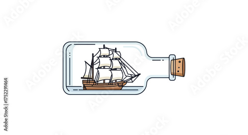 Ship in a Bottle: Detailed Line Art Illustration of a Classic Nautical Theme.