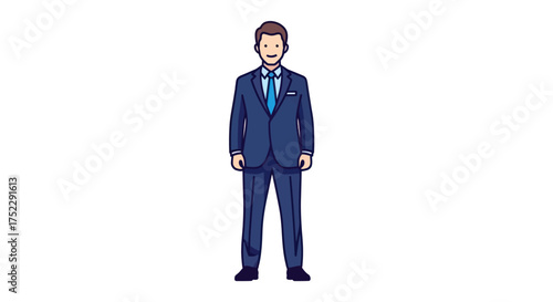A full-body cartoon illustration of a young businessman standing in a formal blue suit.