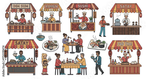 Diverse Food Stalls and Dining Scenes at a Lively Market.