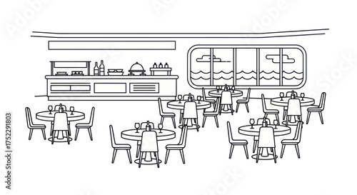 Restaurant Interior Sketch with Tables Chairs Counter and Window View.