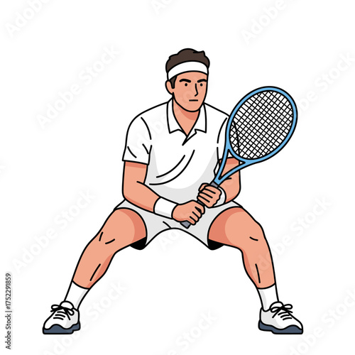 Tennis player ready to return the ball with racket in hand.