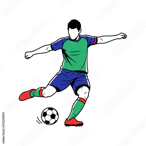 Male soccer player in green and blue uniform kicking a ball.