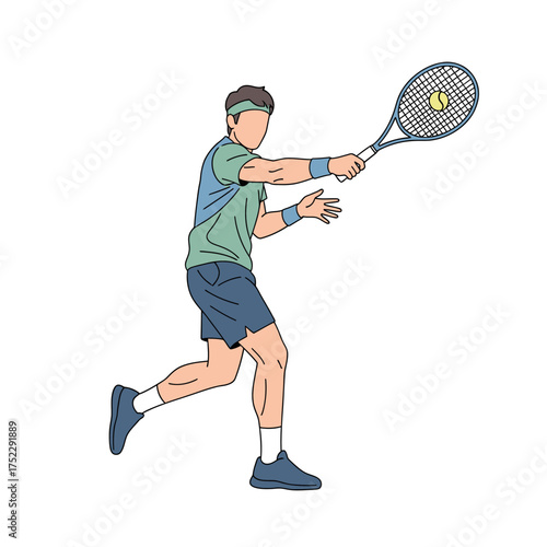 Male tennis player in action, hitting forehand shot during match.