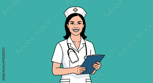 Smiling Female Nurse in Uniform Holding Clipboard.