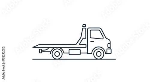 A minimalist black outline icon of a flatbed rollback tow truck for vehicle recovery.