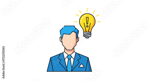 Professional Man in Blue Suit with Glowing Idea Lightbulb Above Head.