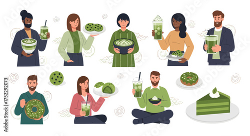 A diverse collection of people enjoying various matcha green tea products including lattes cakes and cookies.