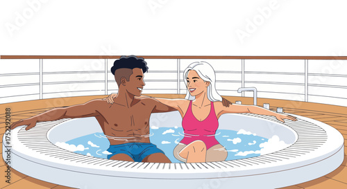 Couple Relaxing in a Hot Tub on a Cruise Ship Deck Enjoying Vacation.