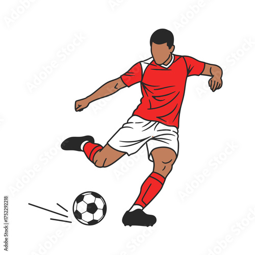 Dynamic illustration of a soccer player kicking a ball with power.