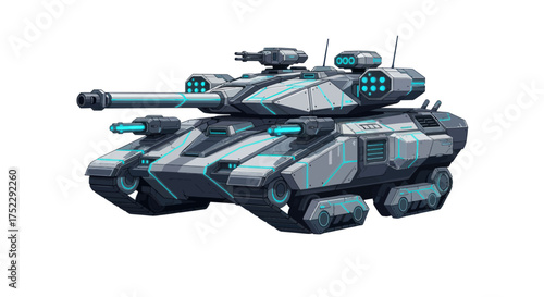 Modern Futuristic Military Tank with Glowing Blue Lights and Advanced Weaponry.