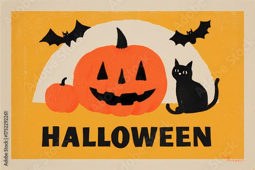 charming vintage Halloween poster showcasing a whimsical jack o lantern and playful black cat perfect for festive decorations and seasonal celebrations