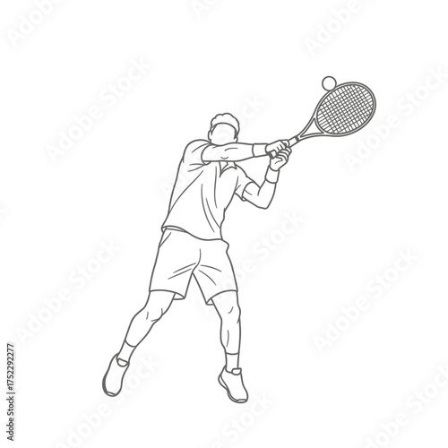 Simple line drawing of a male tennis player hitting a ball.