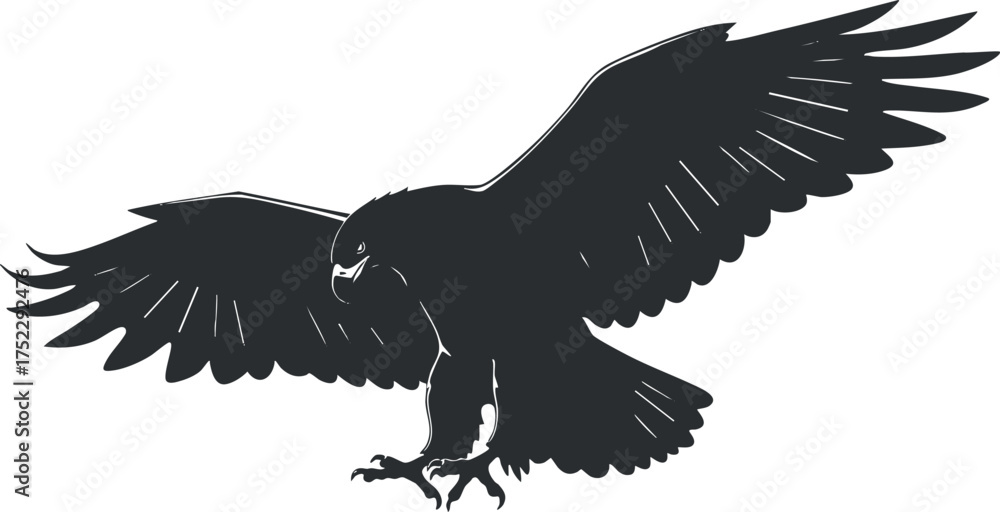 Naklejka premium Black silhouette of an eagle in flight, showcasing its powerful wings and predatory grace.