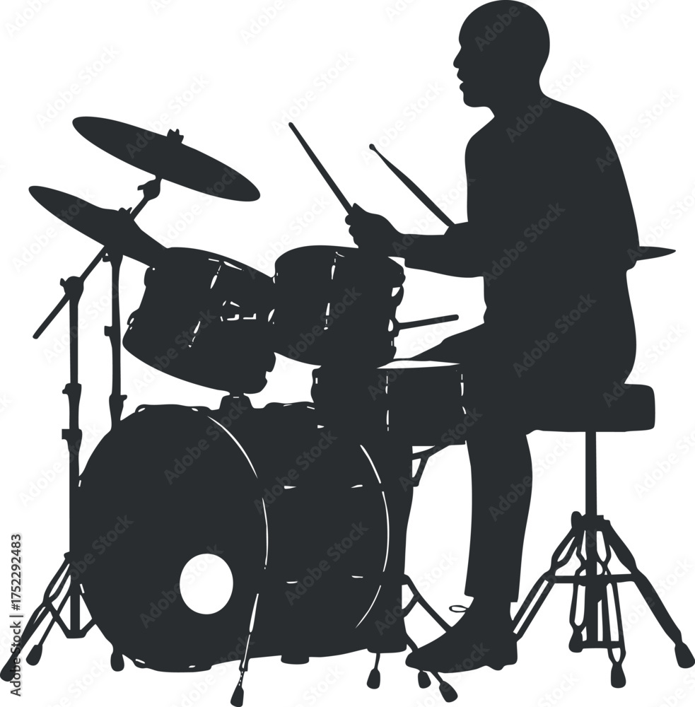Fototapeta premium A silhouette of a drummer performing with a drum kit showcasing musical talent and rhythm.