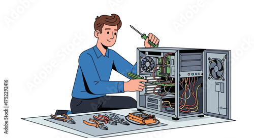 Technician Repairing Computer Tower with Tools Illustration Style.