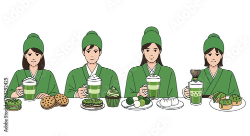 Four individuals enjoying matcha drinks and sweets dressed in green.