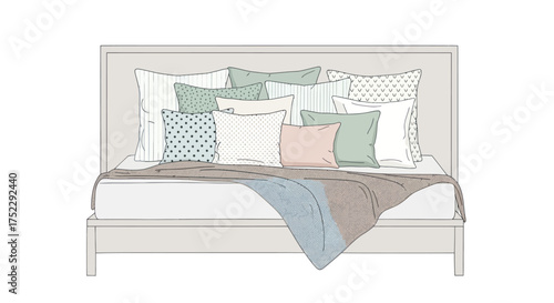 Modern bed illustration with colorful decorative pillows and a cozy throw blanket.