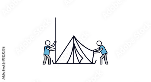 Minimalist line art of two figures assembling a classic A-frame camping tent.