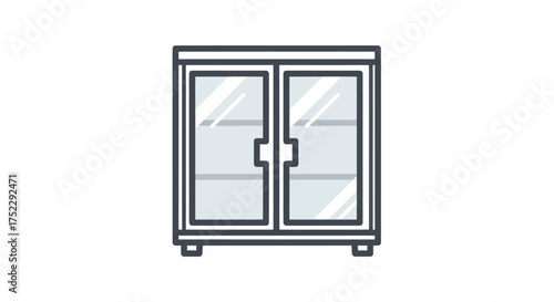 Line art icon of a modern display cabinet with two glass doors and shelves.