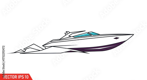 Stylized vector illustration of a modern white speedboat moving quickly across the water.