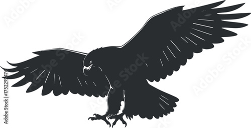 Black silhouette of an eagle in flight, showcasing its powerful wings and predatory grace.
