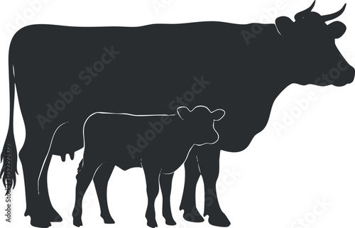Silhouette of a cow and calf representing livestock on a farm in a rural setting.