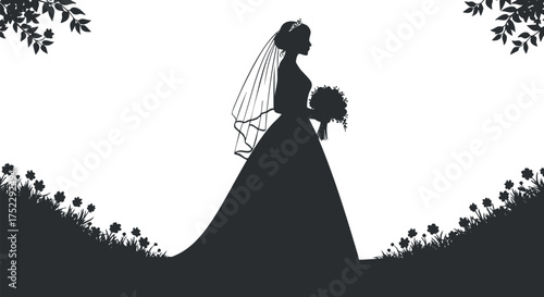 Silhouette of a bride in a wedding gown holding a bouquet surrounded by flowers in nature.