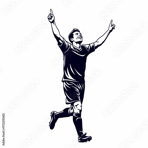 Soccer player celebrates goal with arms raised in victory and joy.