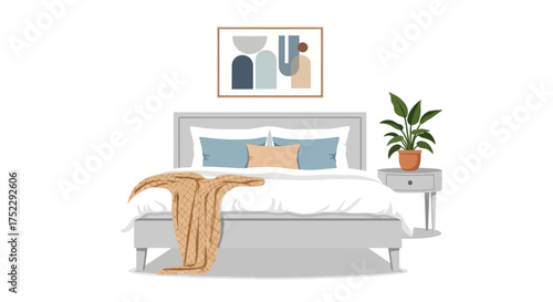 Modern Bedroom Interior with Bed Nightstand and Artwork.