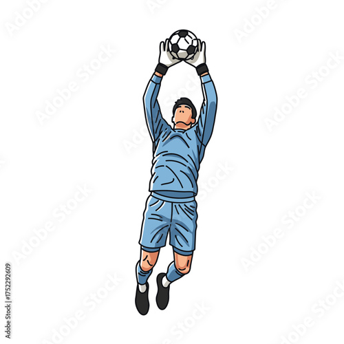 Soccer goalkeeper in blue uniform jumping to catch the ball.