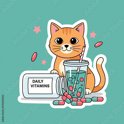 Cute Orange Cat with Daily Vitamins and Refreshing Drink.
