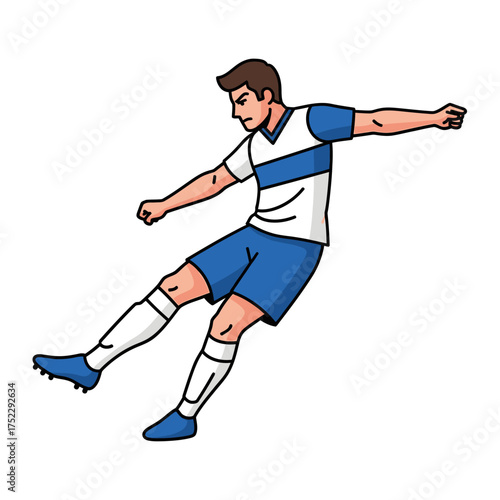 Cartoon male soccer player in a powerful kicking pose.