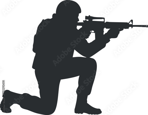 A silhouette of a soldier kneeling with a rifle, representing military readiness and defense.