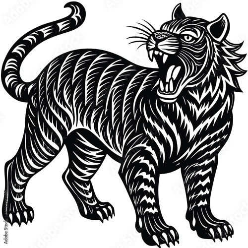 roaring tiger full body linocut design.eps