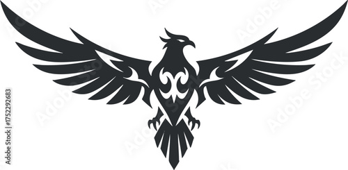 Stylized black and white illustration of a majestic hawk in flight with outstretched wings.
